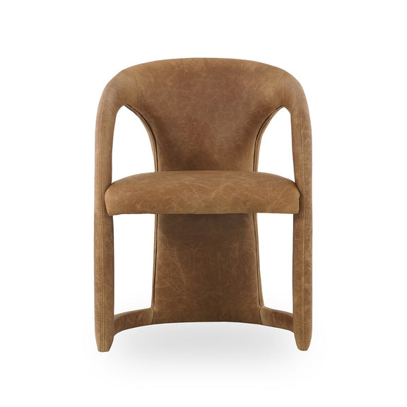 Camel-brown dining chair with curved backrest, padded seat, and rounded side panels