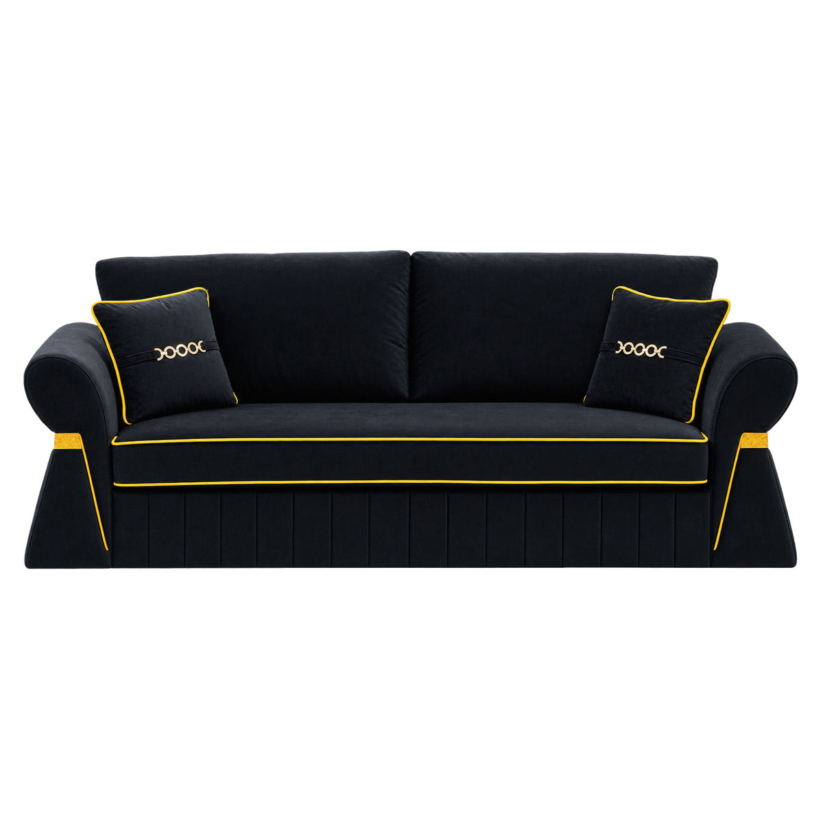 Black three-seat sofa with two cushions and gold-tone piping