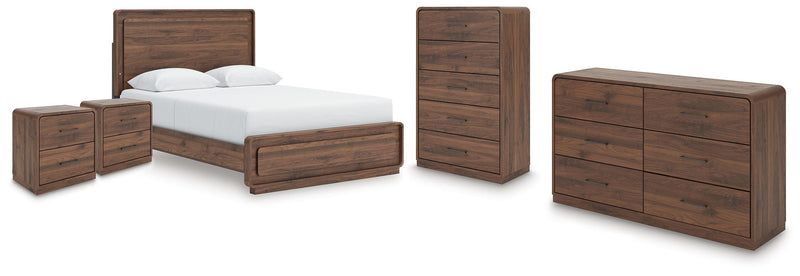 Dark brown wood panel bedroom set with bed, two nightstands, and dresser