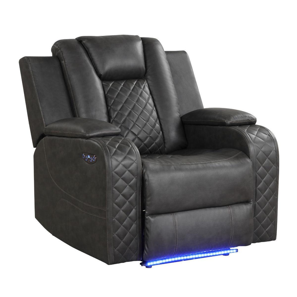 Dark recliner chair in black leather-look finish with adjustable headrest and LED lighting.