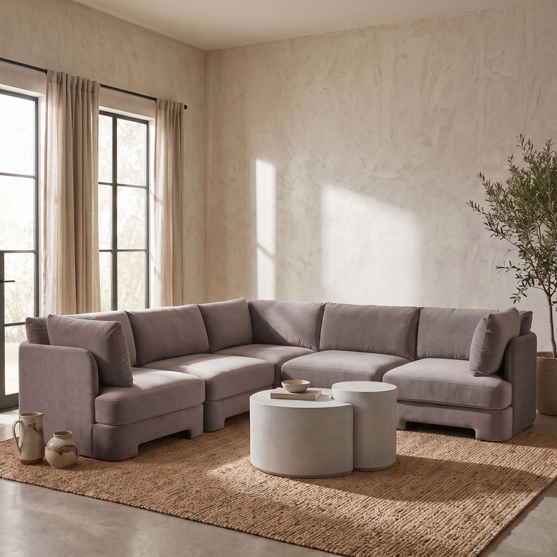 Taupe velvet corner sectional sofa with five-piece modular L-shape and cushioned arms