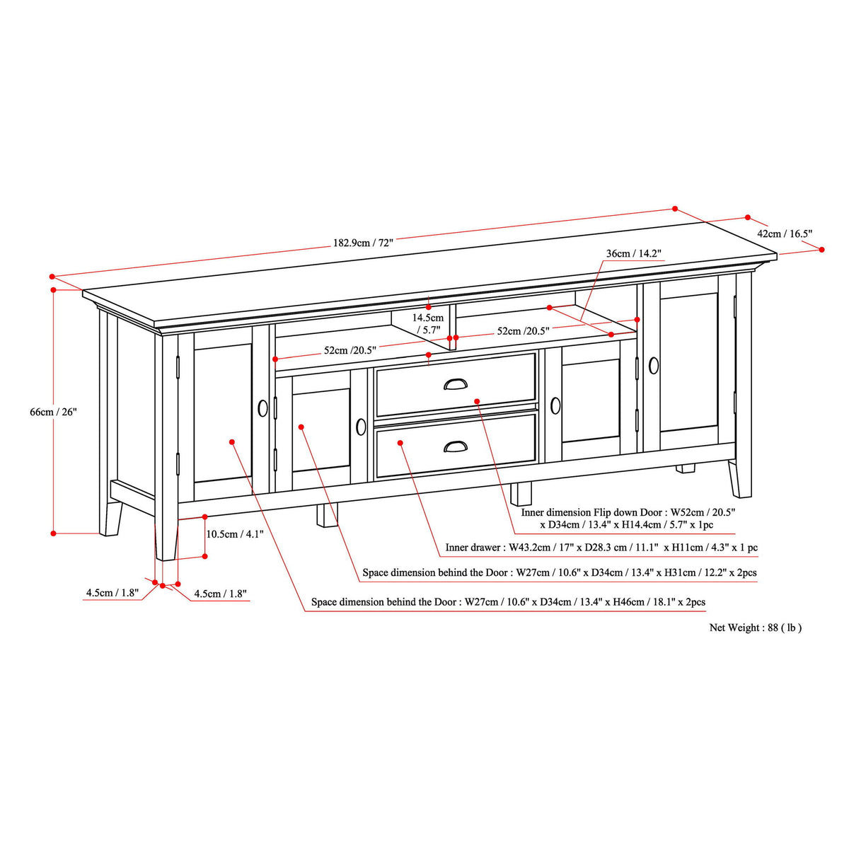 TV media stand dimension diagram with labeled measurements and door space details