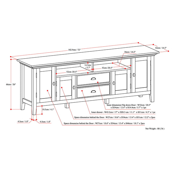 TV media stand dimension diagram with labeled measurements and door space details