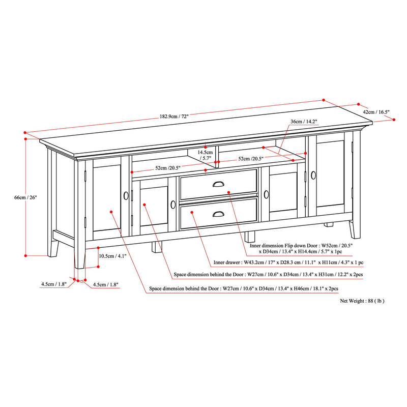 TV media stand dimension diagram with labeled measurements and door space details