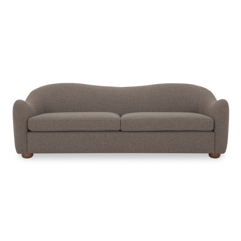 Brown Bria sofa with two seat cushions, rounded arms, and low wooden feet