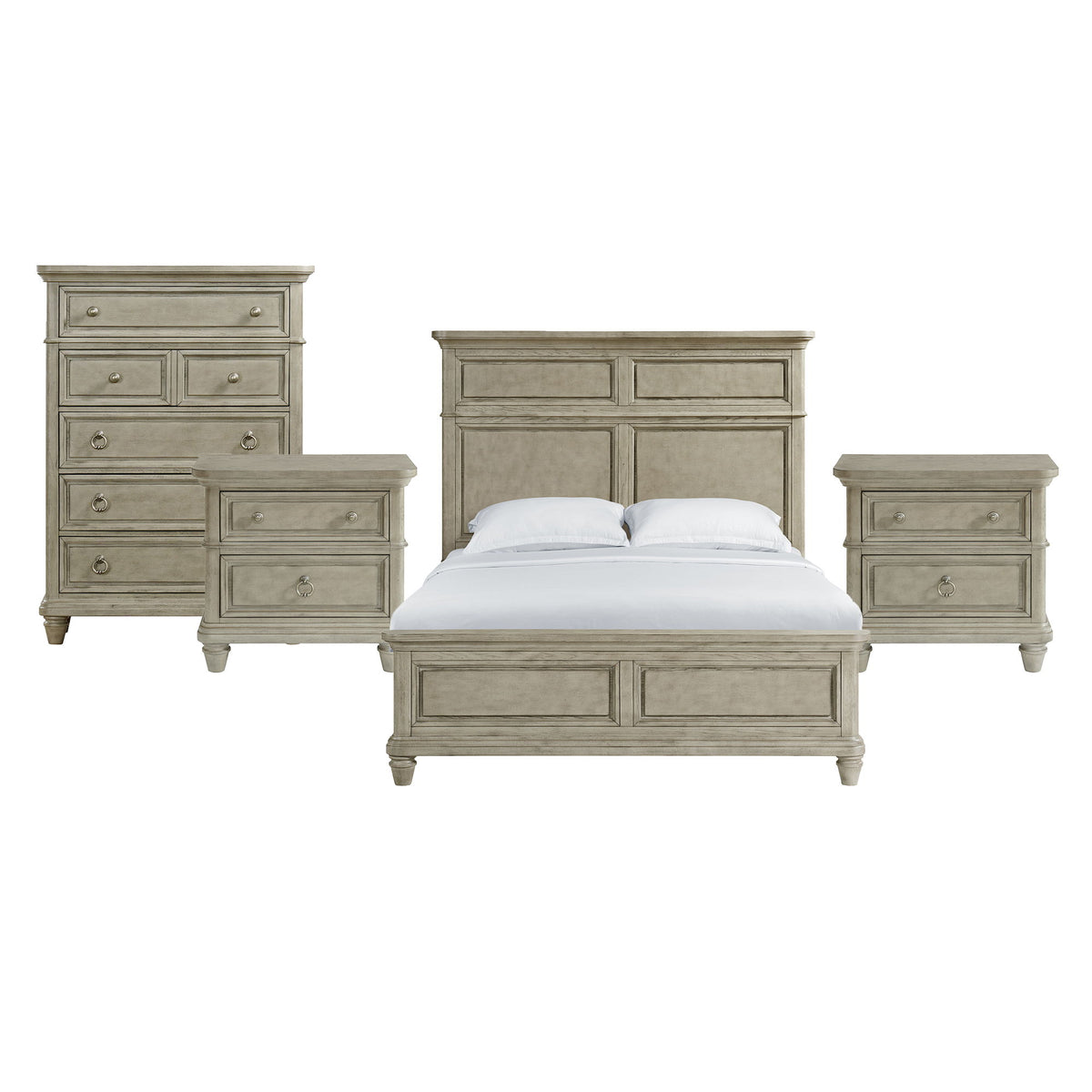 Whit-Ash panel bedroom set: light gray bed with two nightstands and dresser drawers