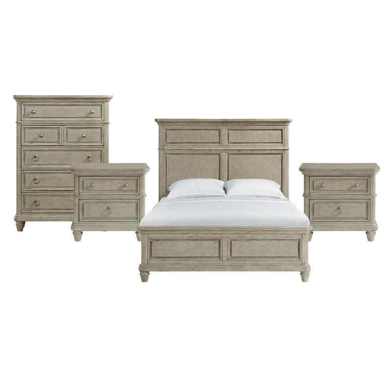 Whit-Ash panel bedroom set: light gray bed with two nightstands and dresser drawers
