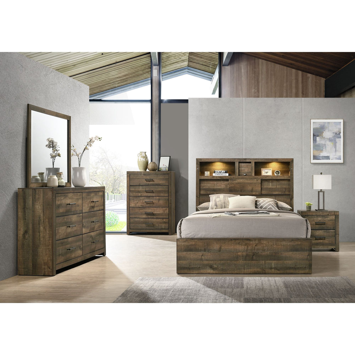 Dark brown dresser with mirror and six drawers, chrome bar pulls, front view