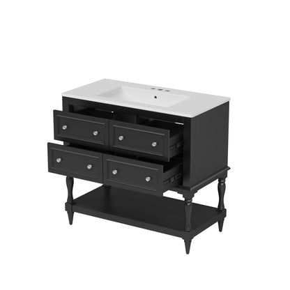 Black bathroom vanity with white sink, four drawers and open cabinet storage below