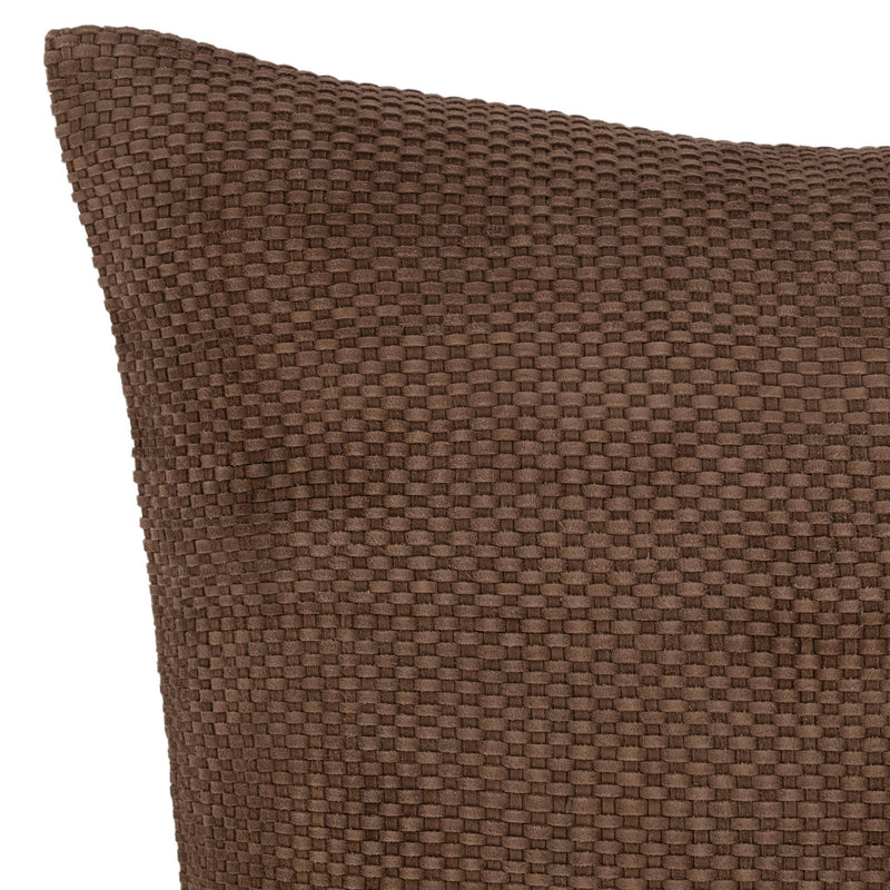 Coffee brown woven square pillow, close-up of grid-like texture