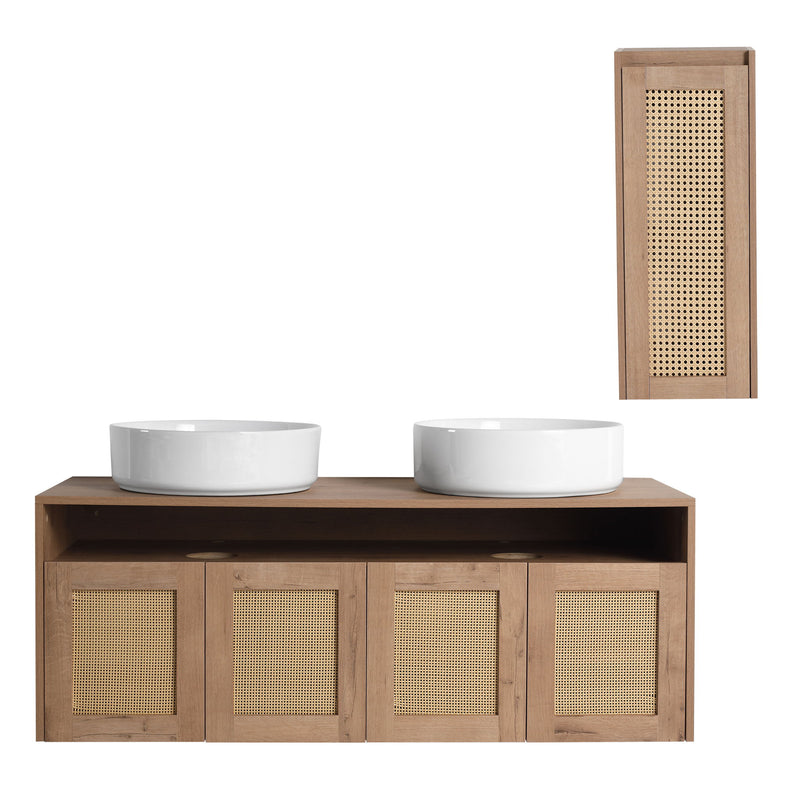 Floating bathroom vanity with rattan cabinet doors, double white vessel sinks, and side cabinet