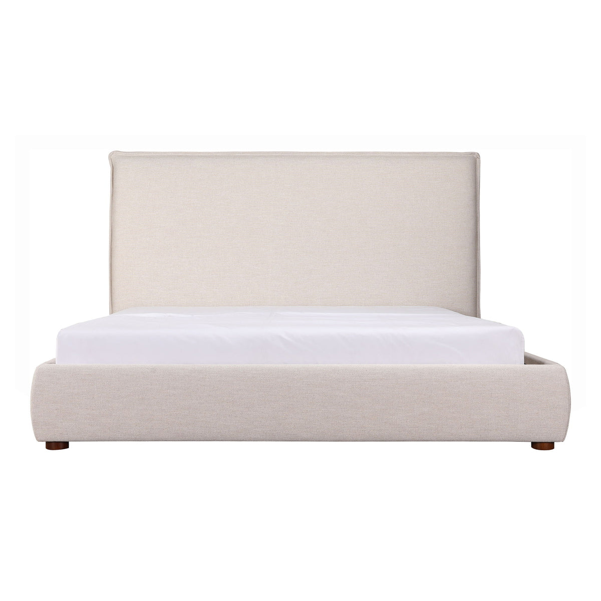 Upholstered queen bed with tall headboard and light beige fabric platform base