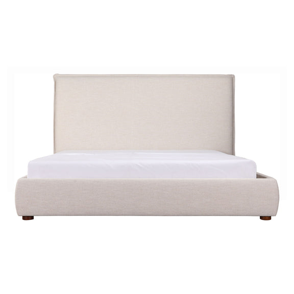 Upholstered queen bed with tall headboard and light beige fabric platform base