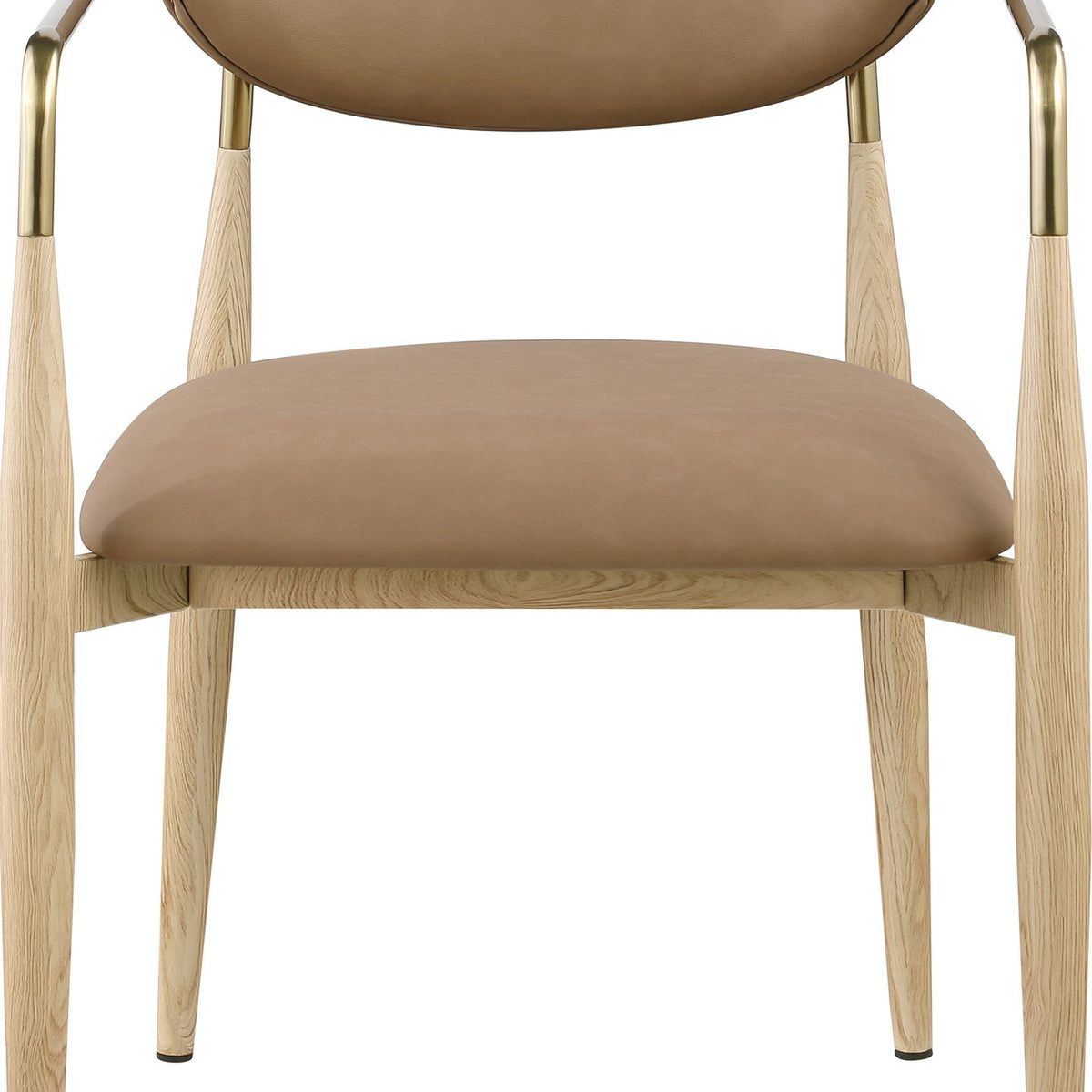 Dining arm chair with brown upholstery seat and back, light wood legs, gold-tone arms