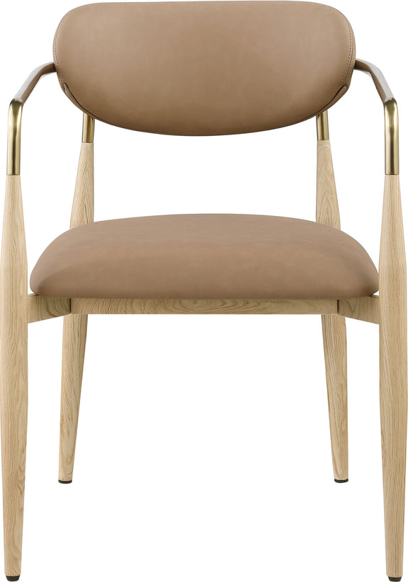 Dining arm chair with brown upholstery seat and back, light wood legs, gold-tone arms