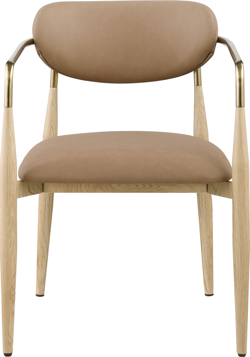 Dining arm chair with brown upholstery seat and back, light wood legs, gold-tone arms