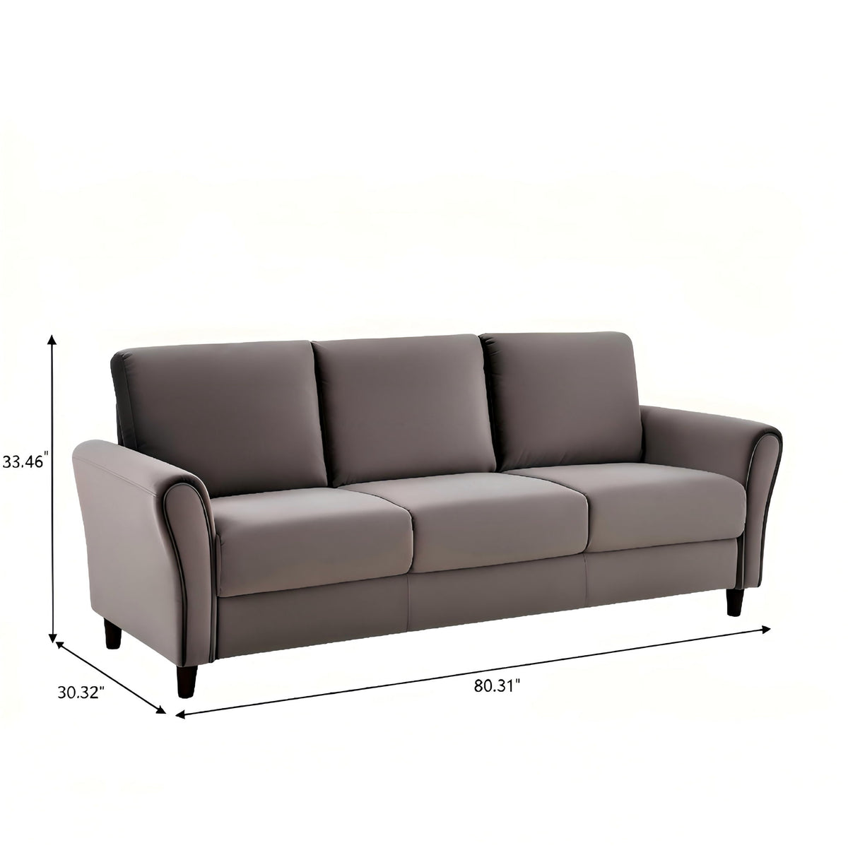 Dark gray 3-seater sofa with curved armrests, boxy seat, and three back cushions