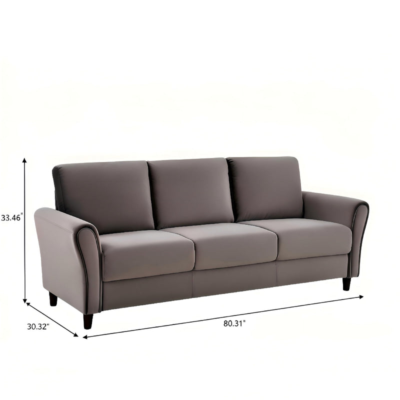Dark gray 3-seater sofa with curved armrests, boxy seat, and three back cushions