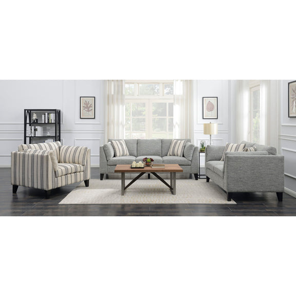 Gray loveseat sofa with upholstered arms and two striped pillows
