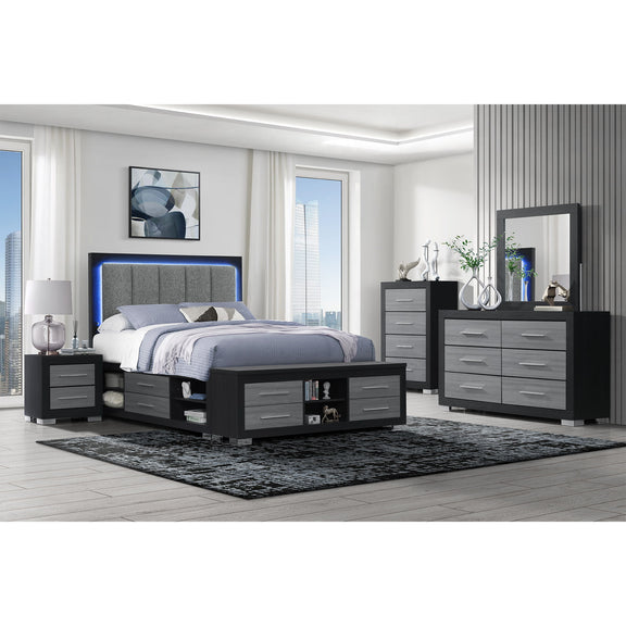 Square wall mirror with dark frame above a dresser in a bedroom
