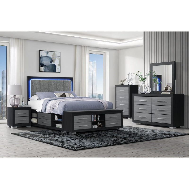 Square wall mirror with dark frame above a dresser in a bedroom