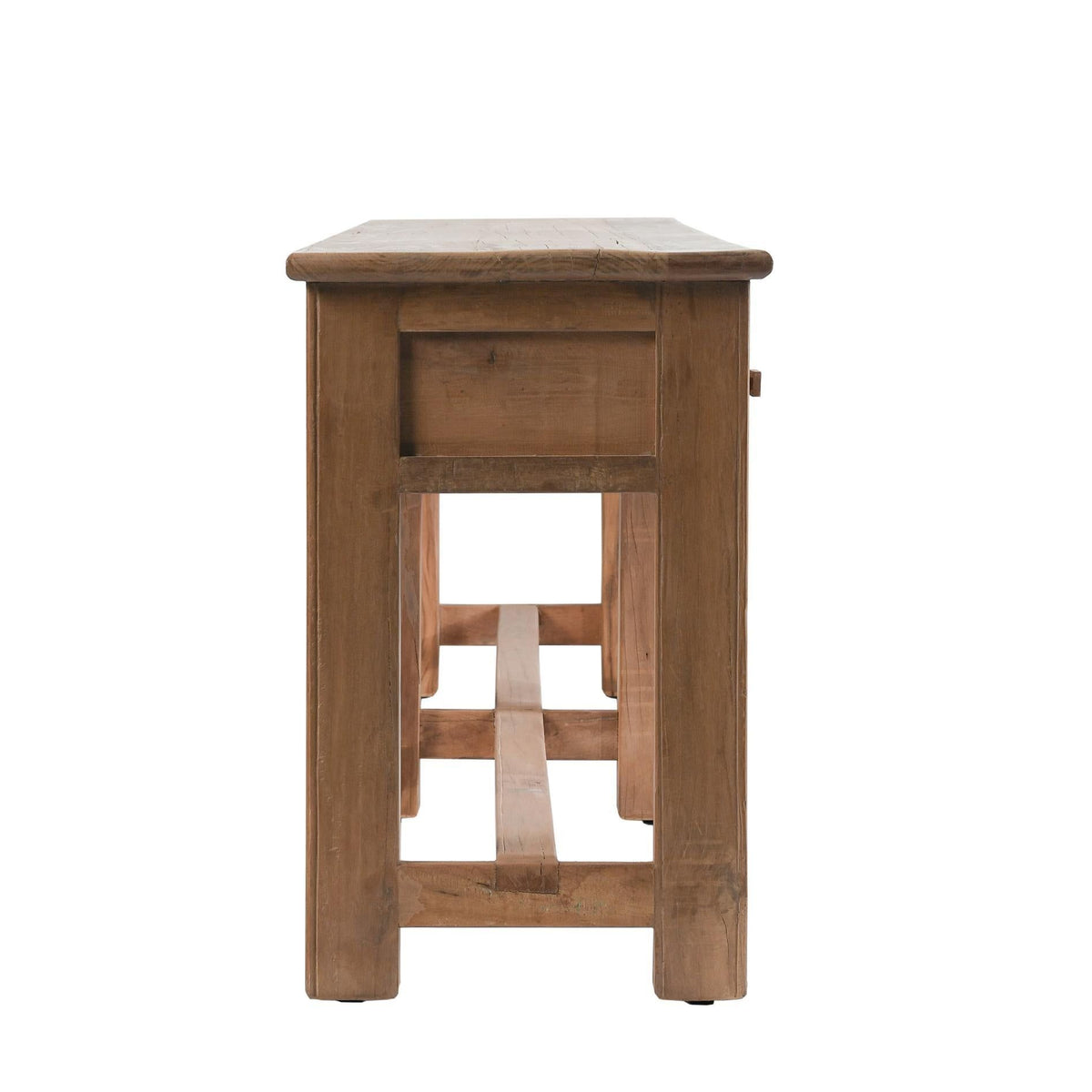 Reclaimed wood console table with 3 drawers and open center, square legs