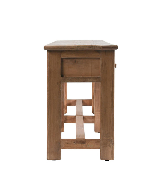 Reclaimed wood console table with 3 drawers and open center, square legs