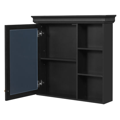 Black wall medicine cabinet with mirrored door and adjustable interior shelves, open view