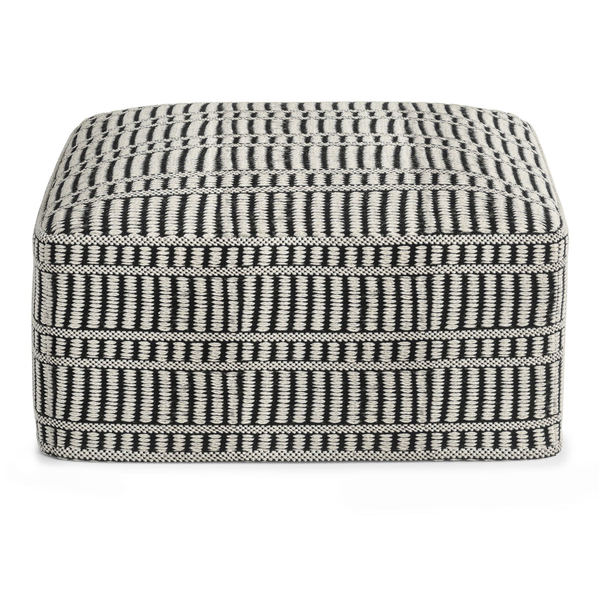 Square woven pouf with black and white geometric stripes