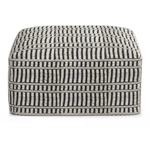 Square woven pouf with black and white geometric stripes