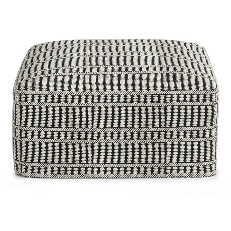 Square woven pouf with black and white geometric stripes