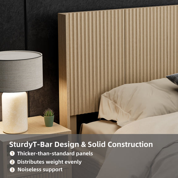 Light brown wide fluted panel headboard with vertical ridges and side legs