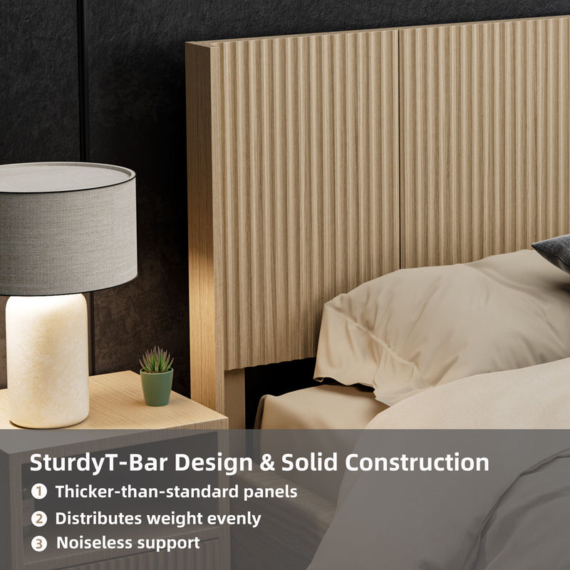 Light brown wide fluted panel headboard with vertical ridges and side legs