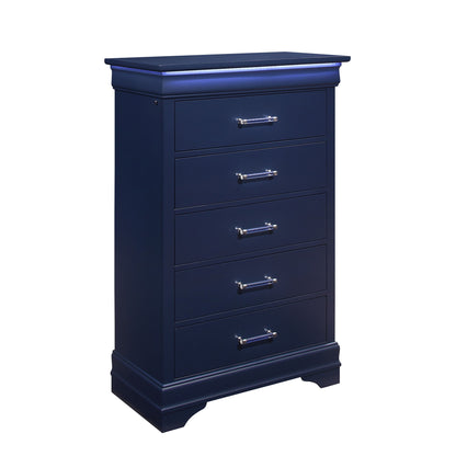 Blue wooden chest of drawers with five front drawers and metal bar pulls