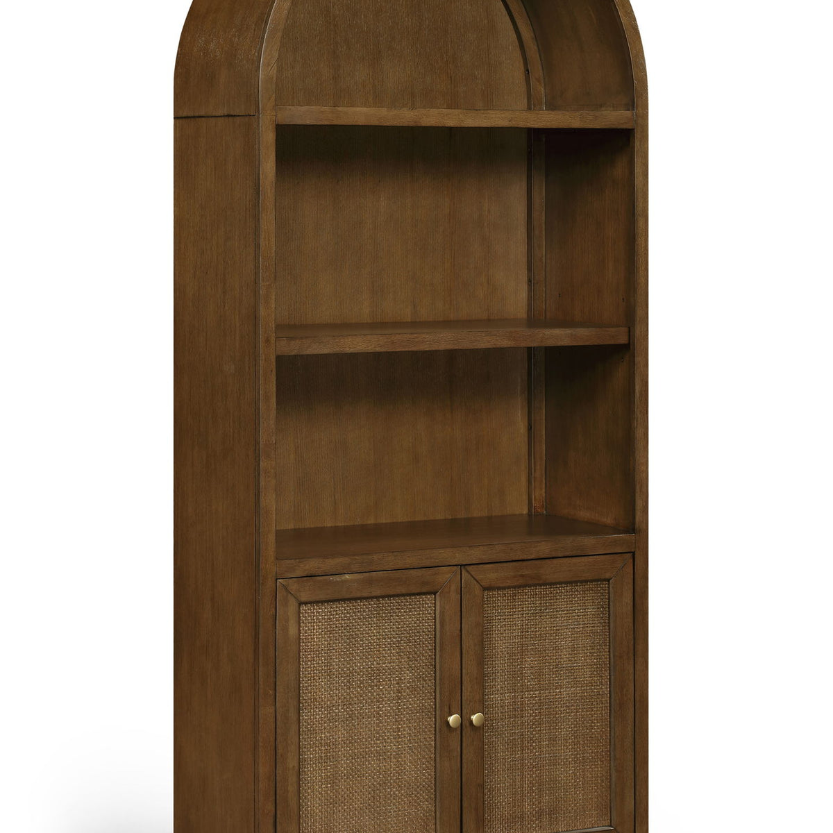 Dark brown oak bookcase with arched top, open shelves, and cabinet doors