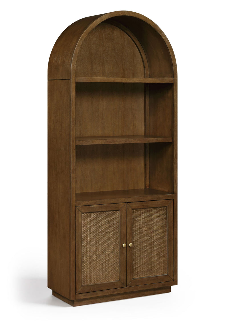 Dark brown oak bookcase with arched top, open shelves, and cabinet doors