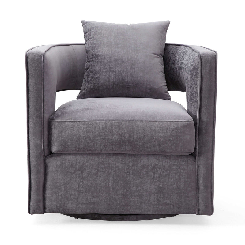 Dark gray swivel chair with plush seat cushion and back pillow