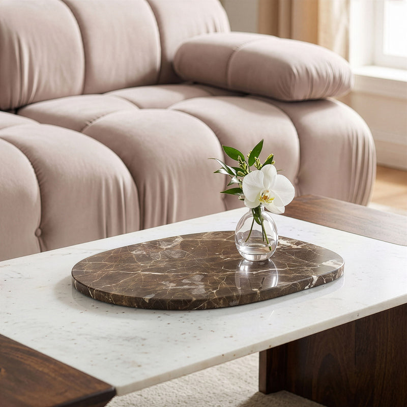 Livia dark brown marble decorative tray on a table, round with vein patterns