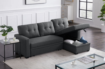 Dark gray upholstered pull-out sectional sofa with chaise and storage ottoman