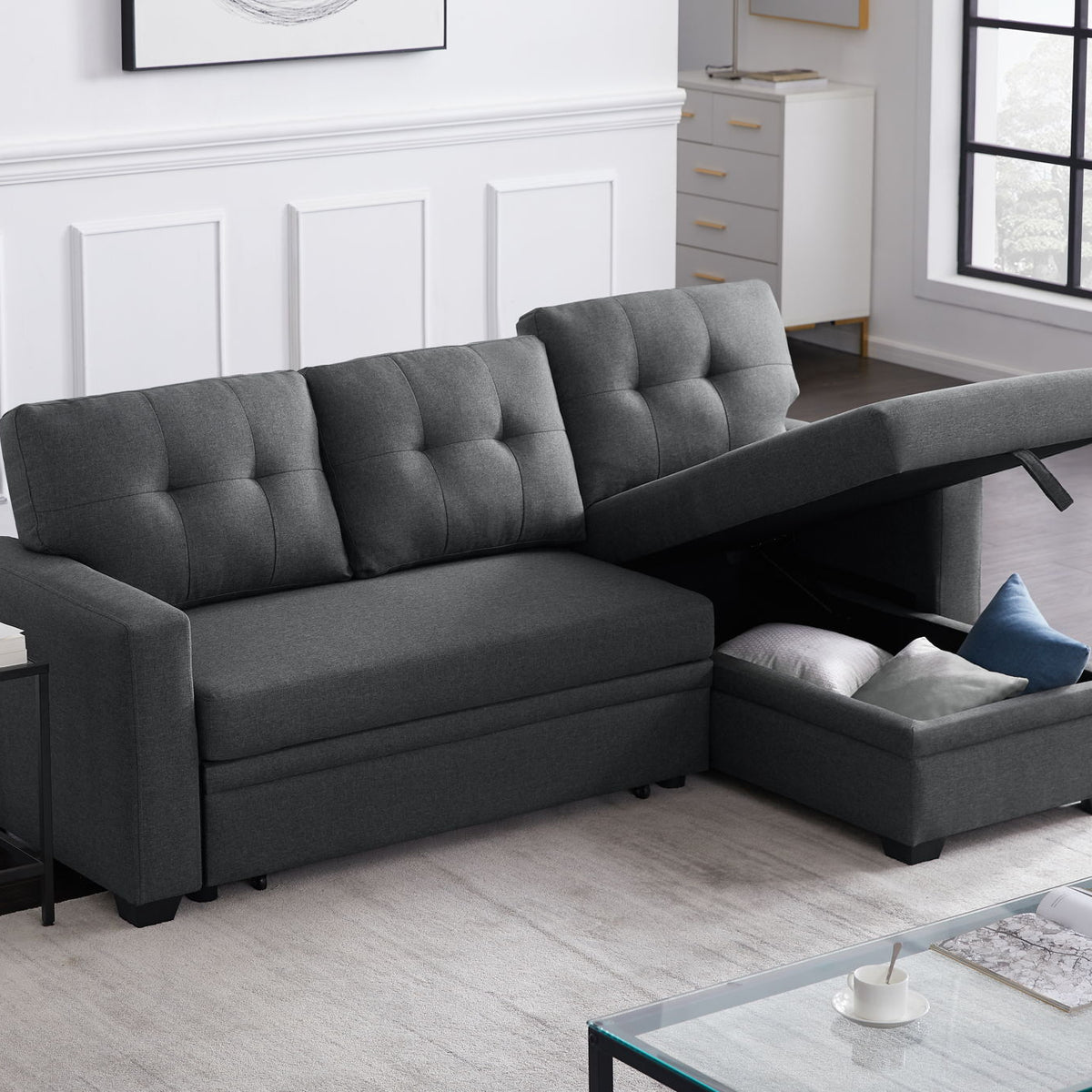 Upholstered Cushions Pull Out Sectional Sofa With Chaise