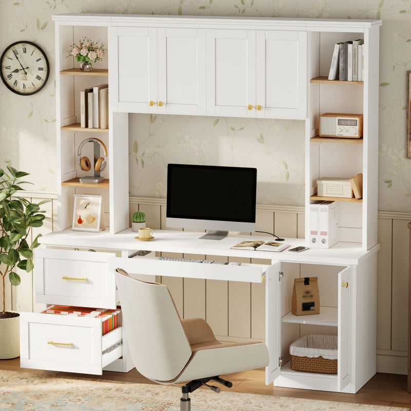 White computer desk workstation with hutch, shelves, cabinet doors, and open desk center