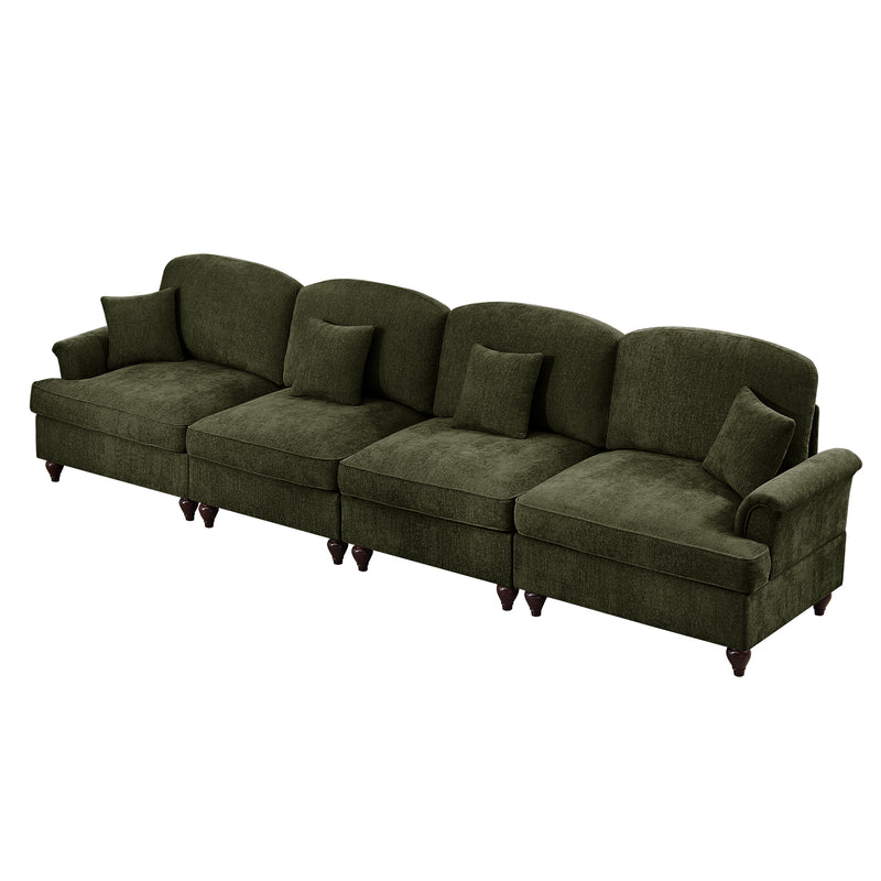4-Seater Mid-Century Chenille Sofa - Green Chenille