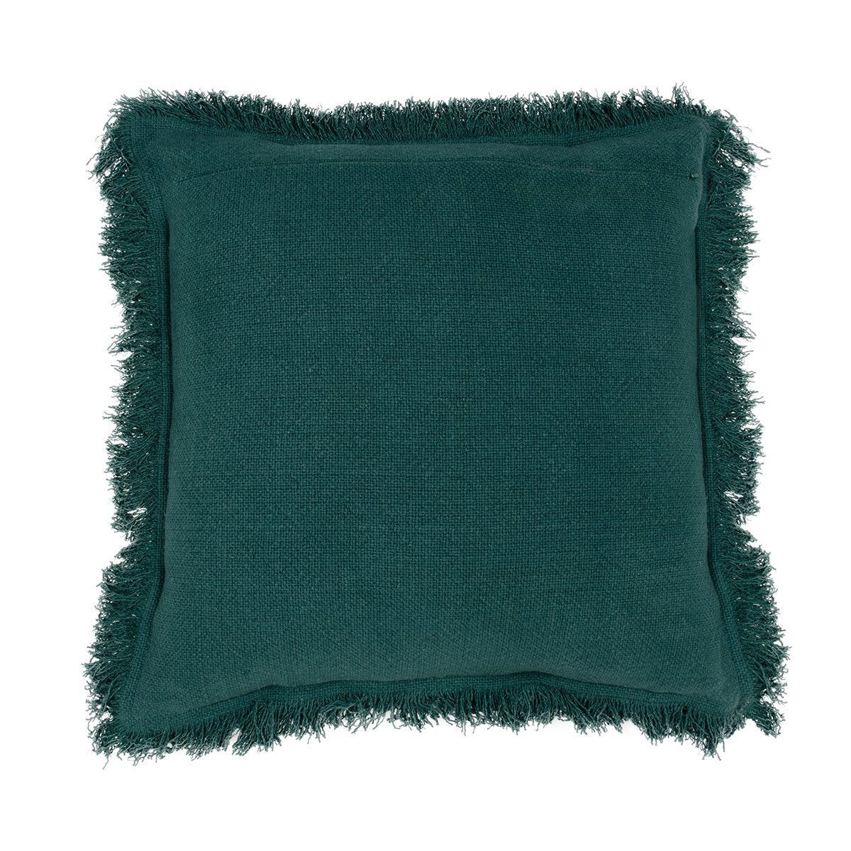 Deep green square throw pillow with fringed border and woven texture