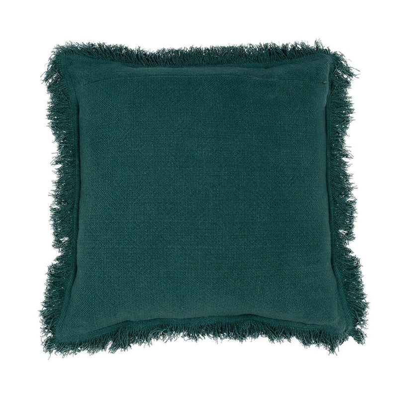 Deep green square throw pillow with fringed border and woven texture