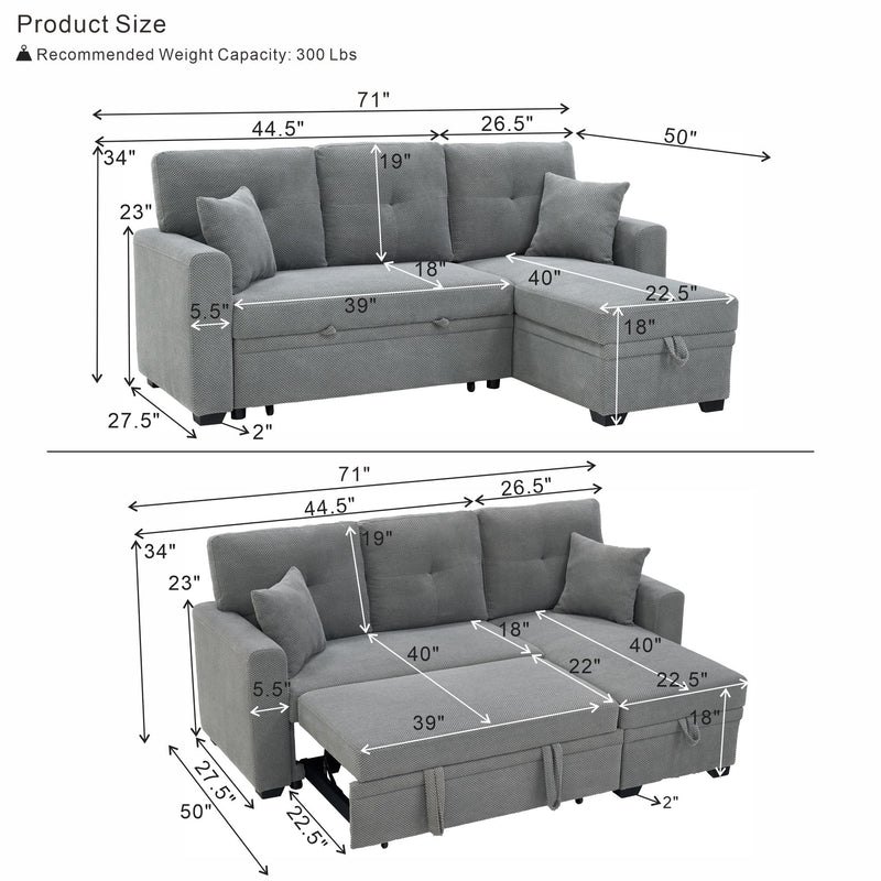 Gray sleeper sectional sofa size diagram showing dimensions and extended bed