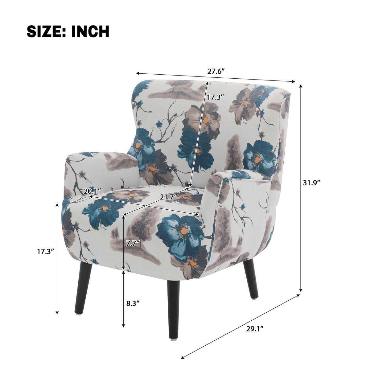 White-and-blue floral upholstered armchair with round arms and tapered black legs