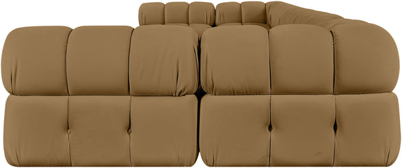 Beige modular U-shaped sectional sofa with tufted cushions and armless corner sections