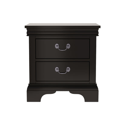 Black nightstand with two drawers and curved metal pull handles