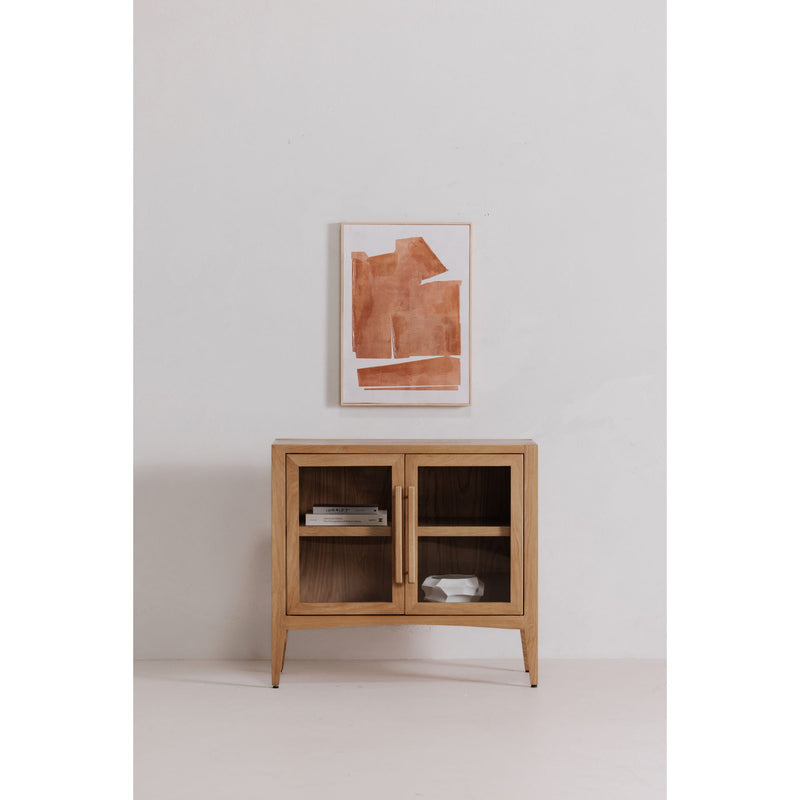 Framed abstract painting with terracotta shapes, white highlights, light wood frame