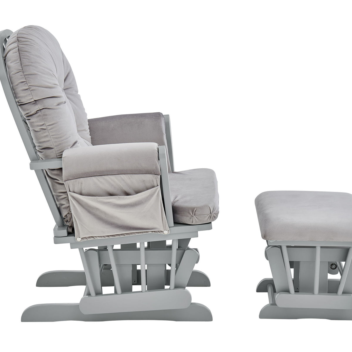 Light gray glider chair with ottoman, curved arms and tufted back on gray frame.